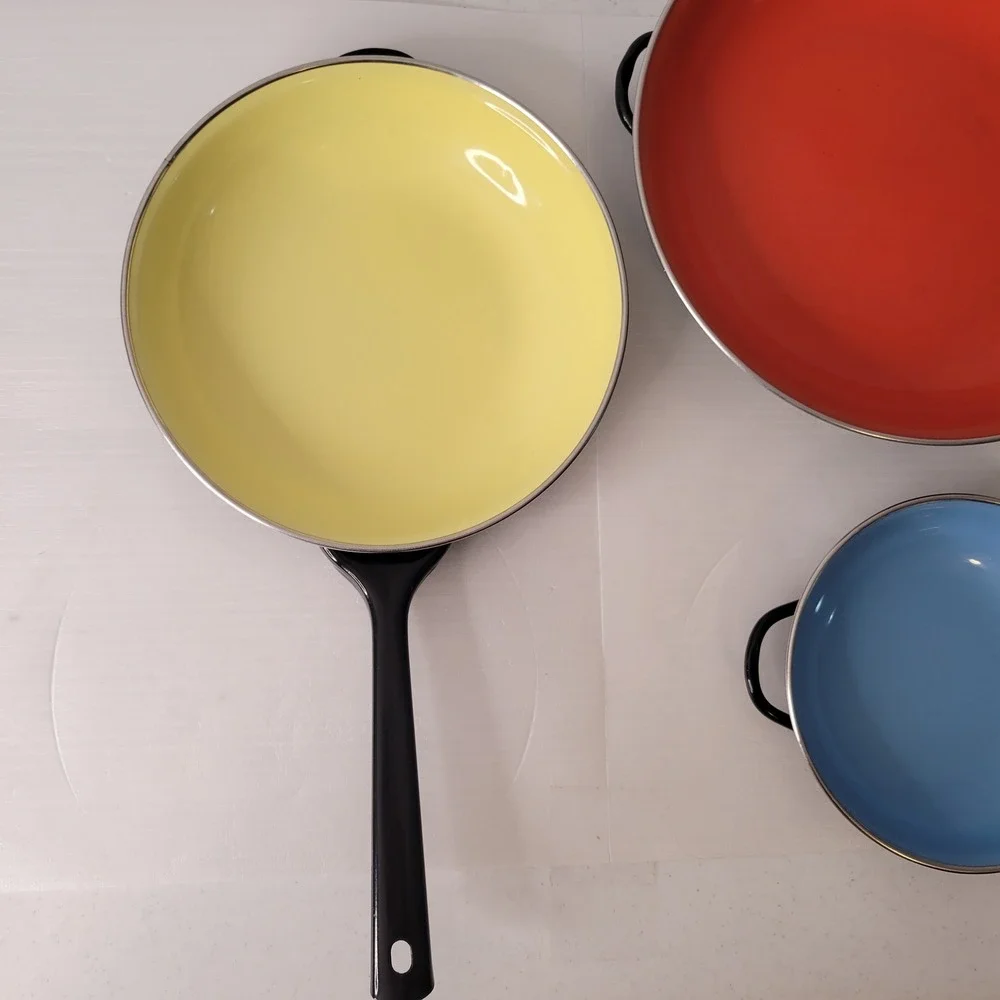 Vintage Enamelware Skillet Set 3pc Multi Color Yugoslavia Nesting Pans Handle